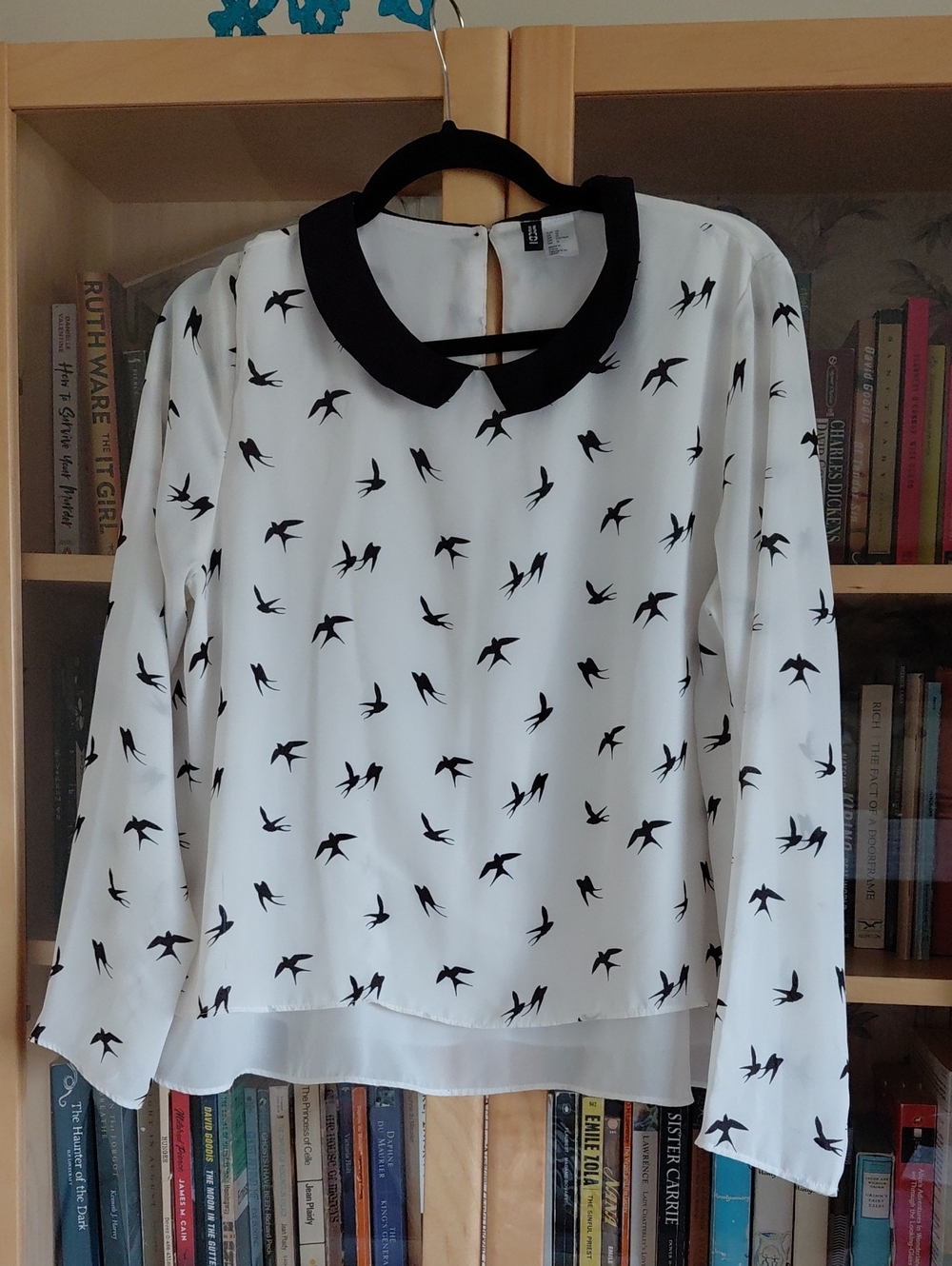 H&M White Blouse with Black Bird Print and Black Peter Pan Collar